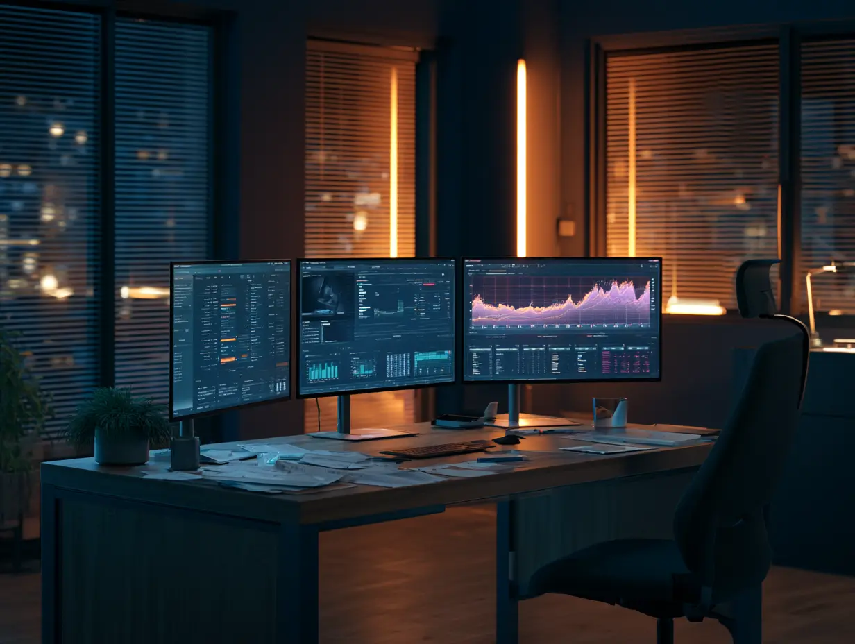 Corporate finance office at night with multiple monitors showing financial dashboards and city lights in the background