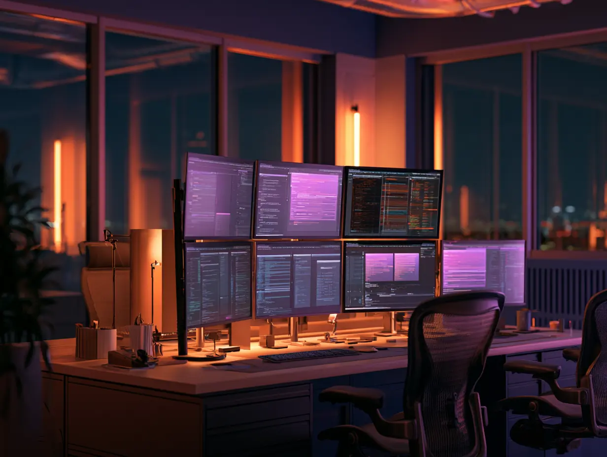 Multiple monitors displaying technical audit reports and platform diagnostics in a dark modern office with lavender and orange lighting