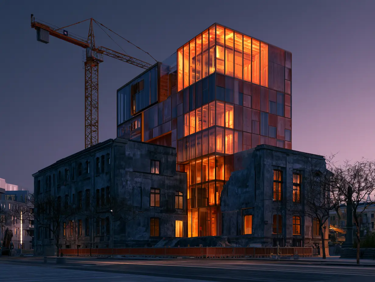 Modern glass building emerging from older stone structure at dusk with construction crane and lavender sky