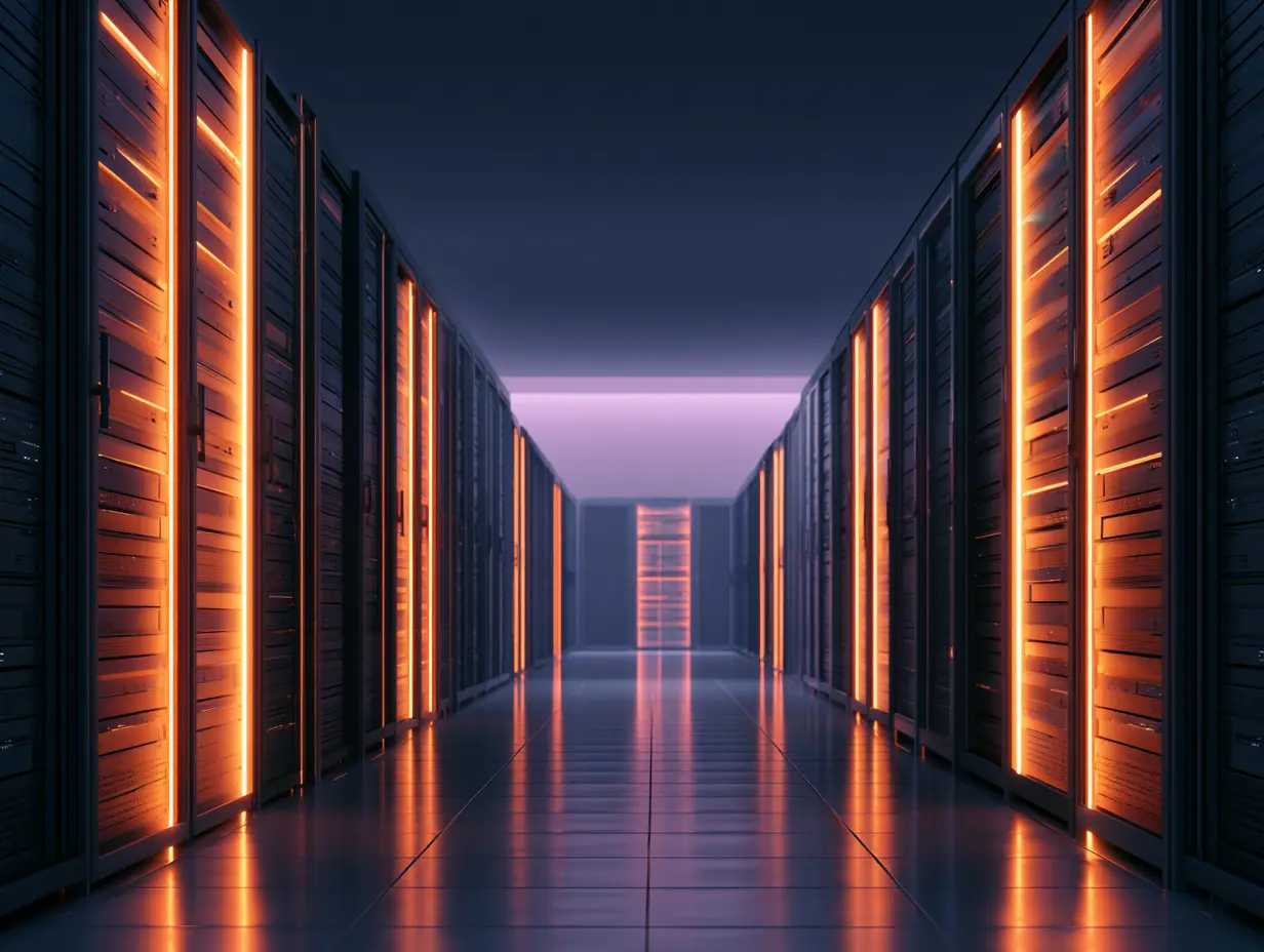 Clean modern server room corridor with organized racks, orange LED lighting, and lavender ceiling glow