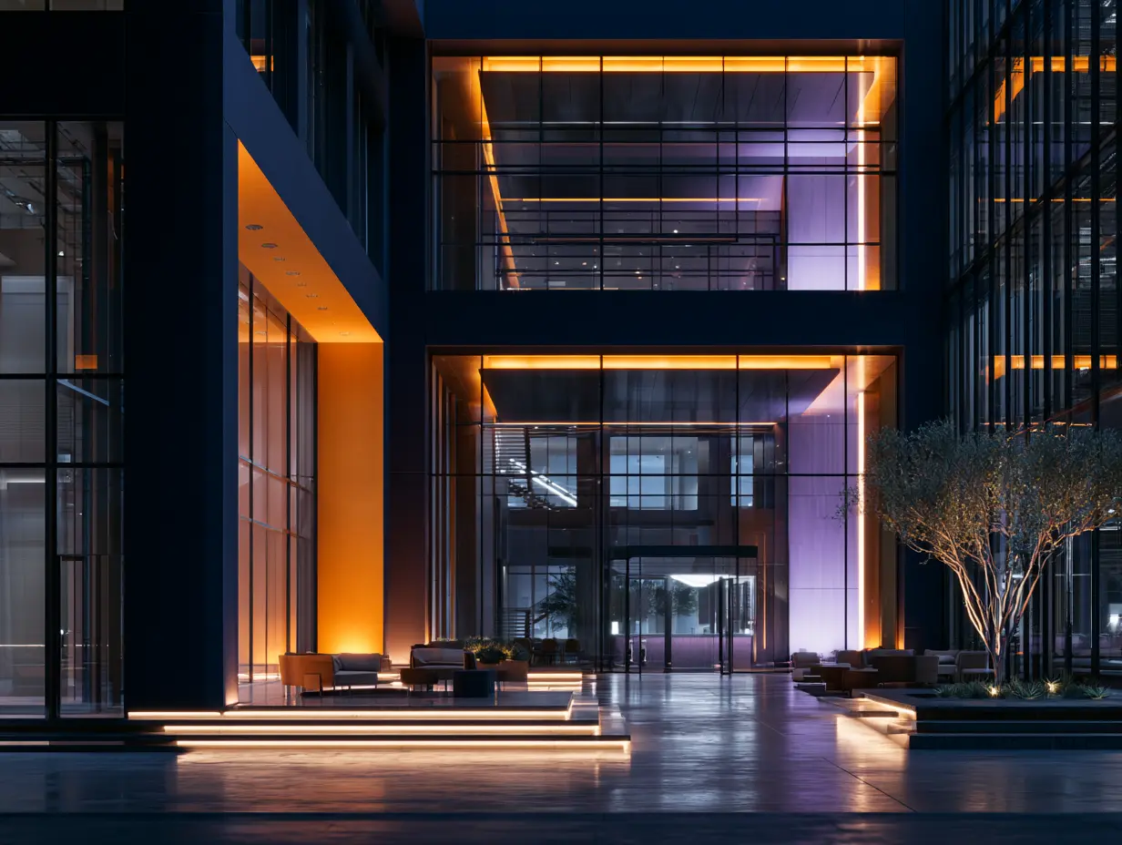 Modern corporate headquarters lobby at night with high ceilings, glass walls, and orange and lavender accent lighting