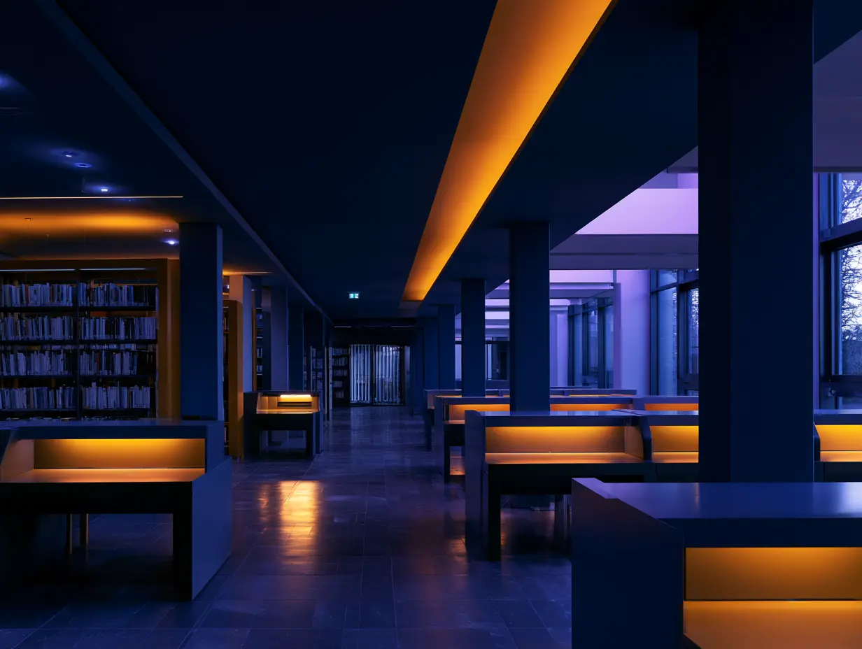 Modern university library interior at night with illuminated study carrels and lavender ceiling glow
