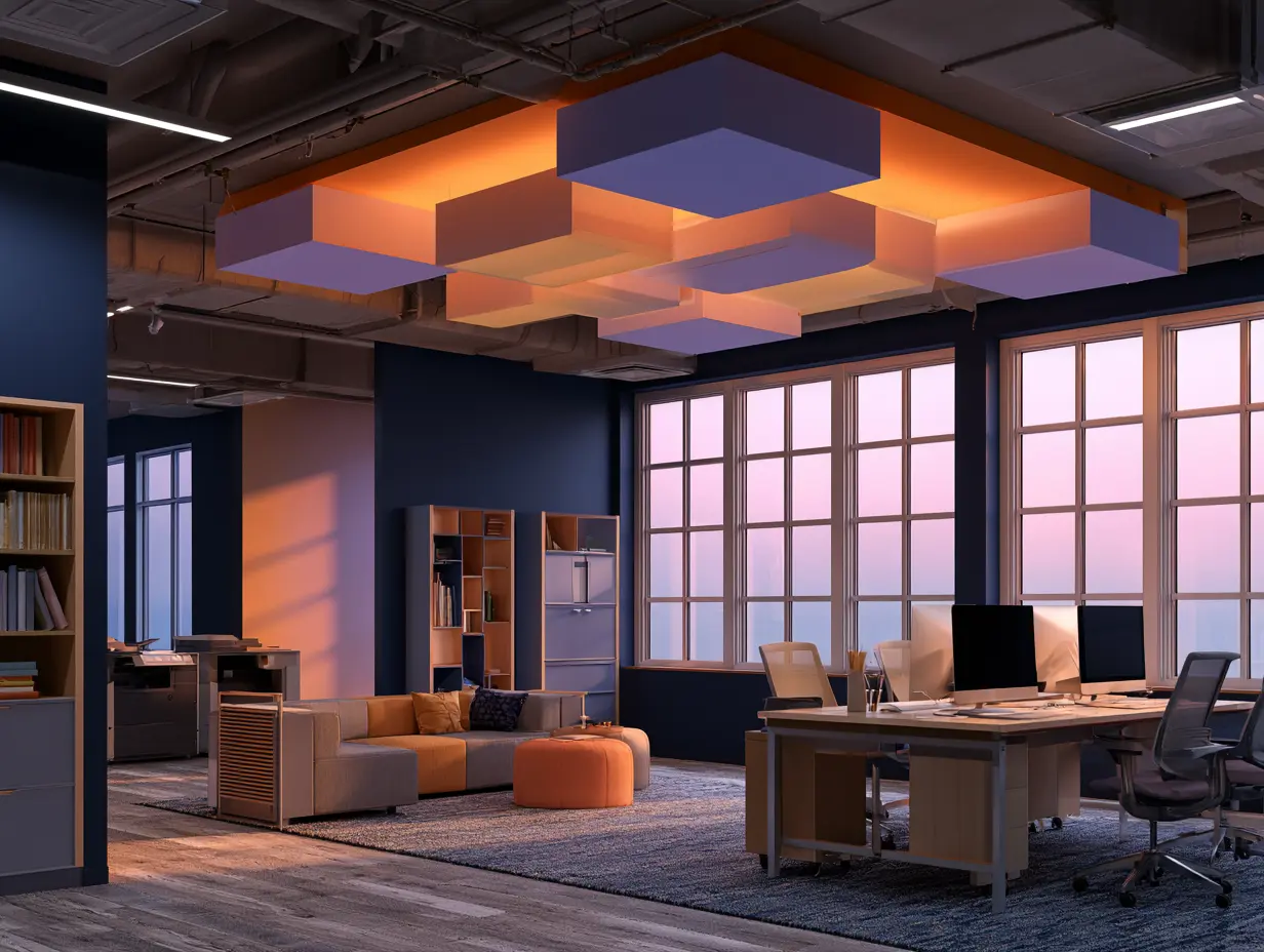 Warm modern nonprofit office interior with open collaborative workspace and large windows