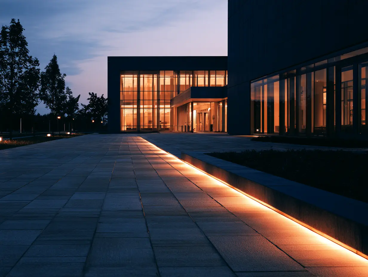 Modern university campus at dusk with glowing lecture hall windows and orange-lit walkway