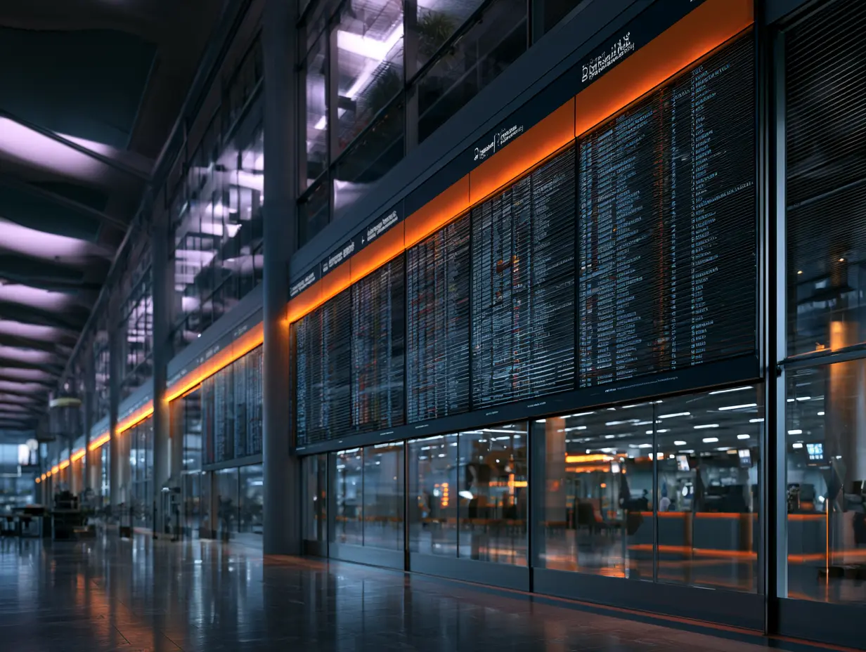 International airport terminal at night with departure board showing destinations in multiple languages