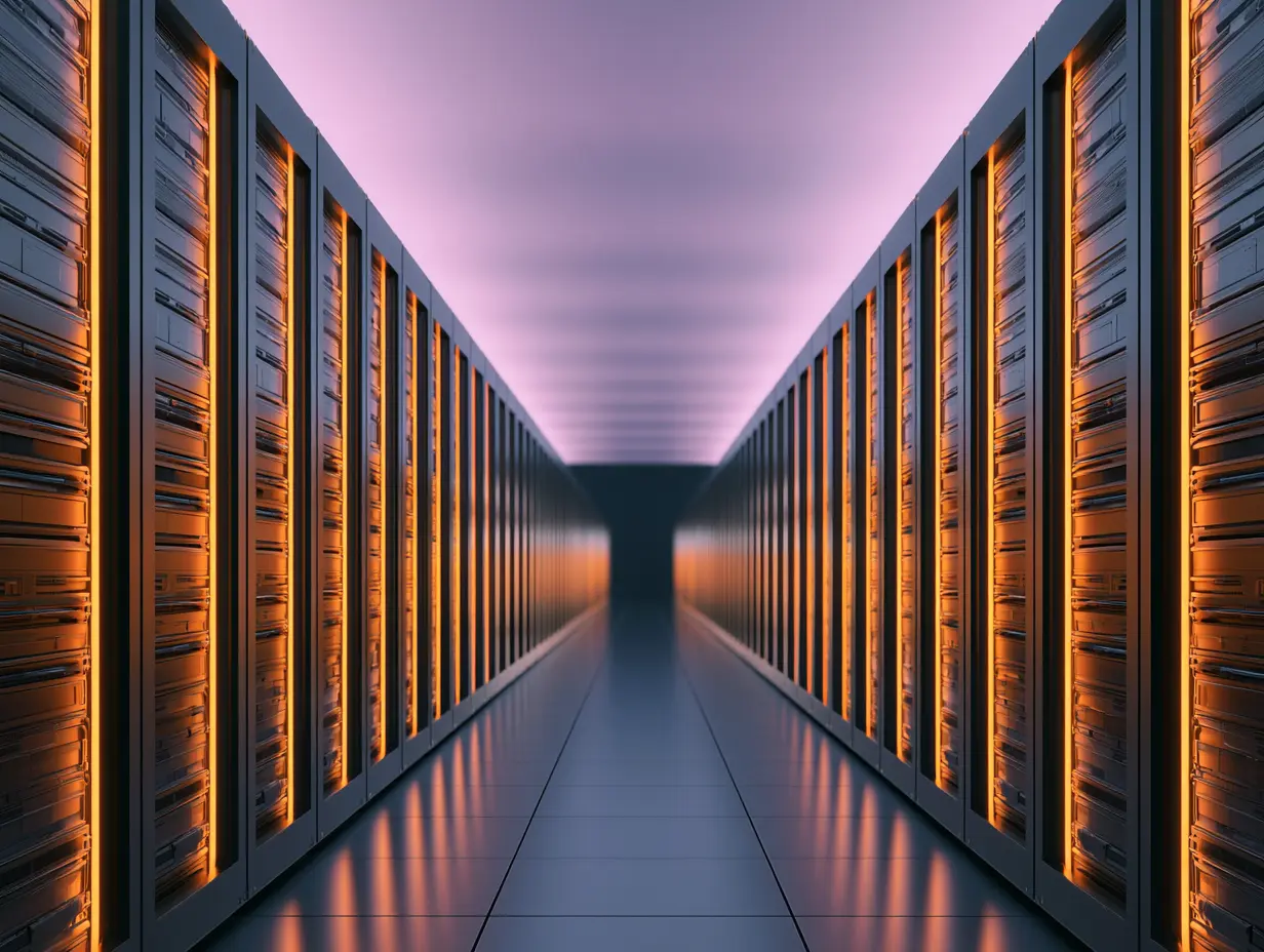 Modern data center corridor with organized server racks and orange LED lighting