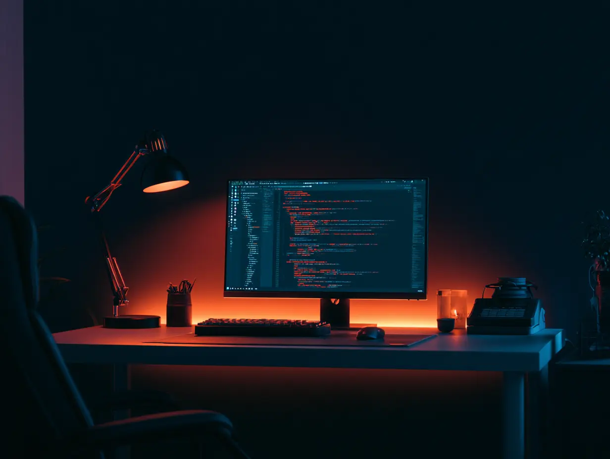 Single developer workstation with glowing monitor and orange lamp in a dark environment