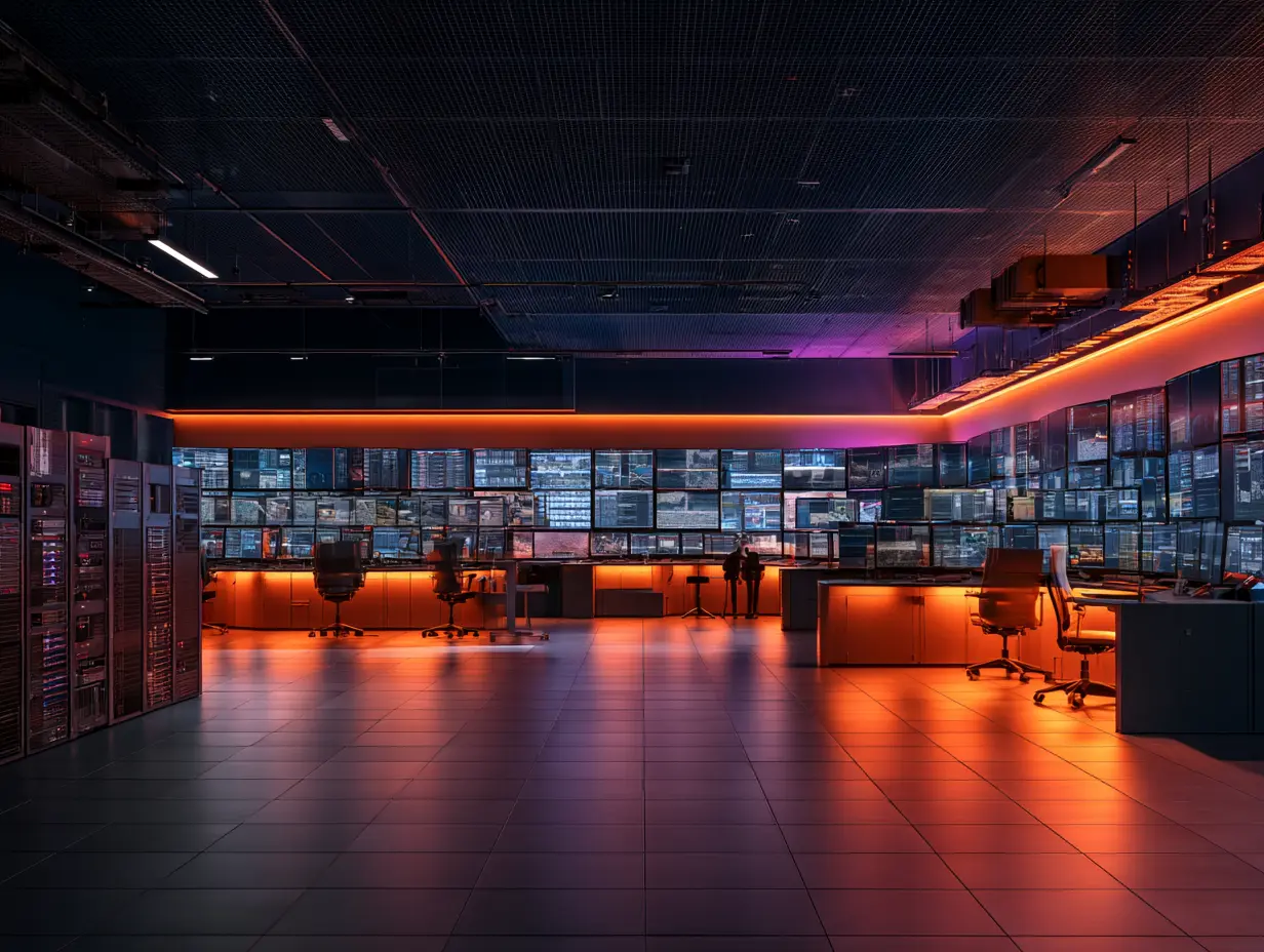 Large enterprise operations center at night with wall of monitors and orange accent lighting