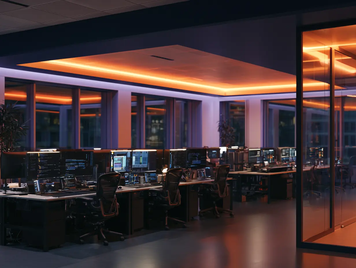 Modern open-plan engineering office at night with rows of illuminated workstations