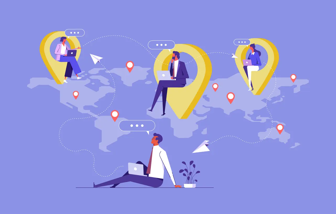 Illustration of a distributed remote team with global location markers