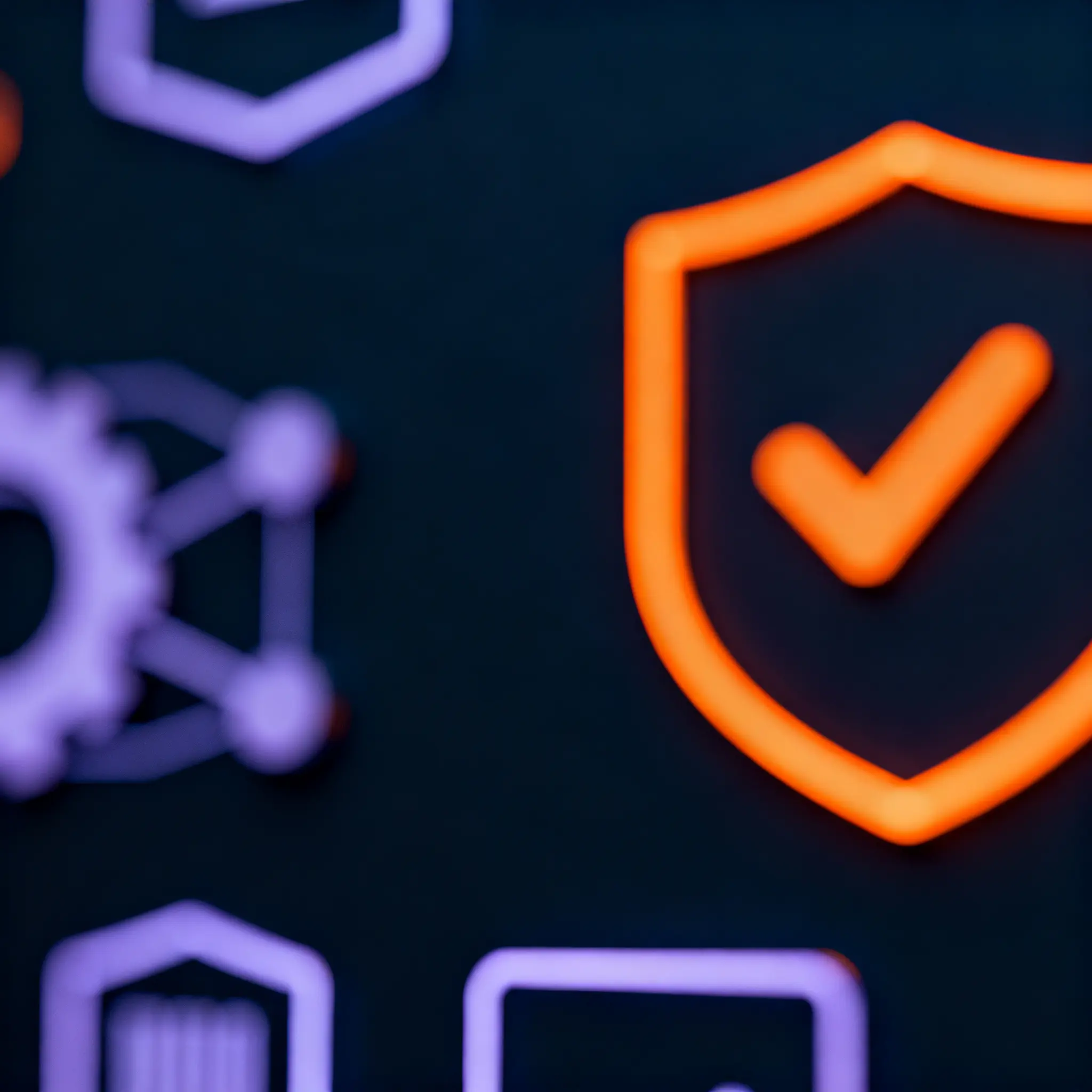 Glowing neon icons representing security and engineering on a dark background